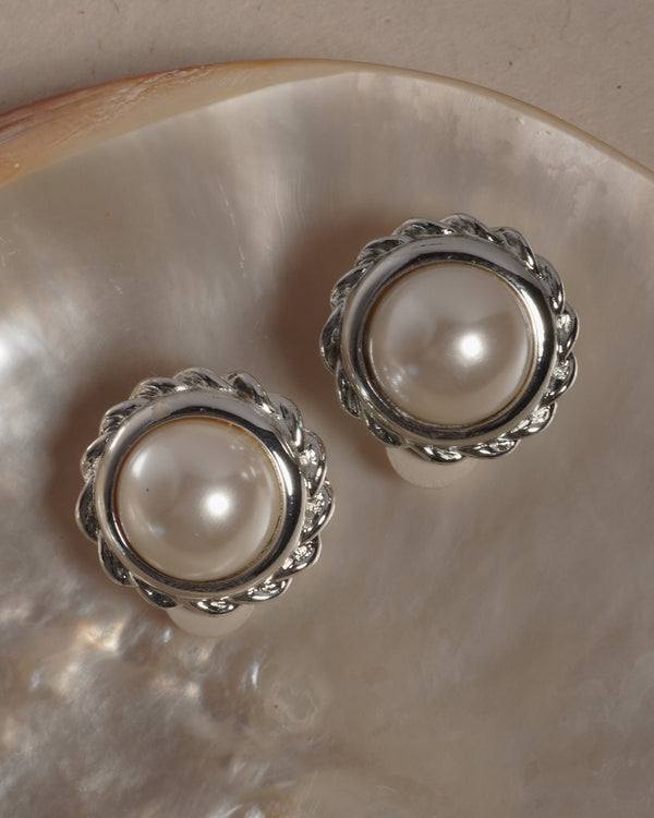 Vintage Silver Pearl Cabochon Clip Ons