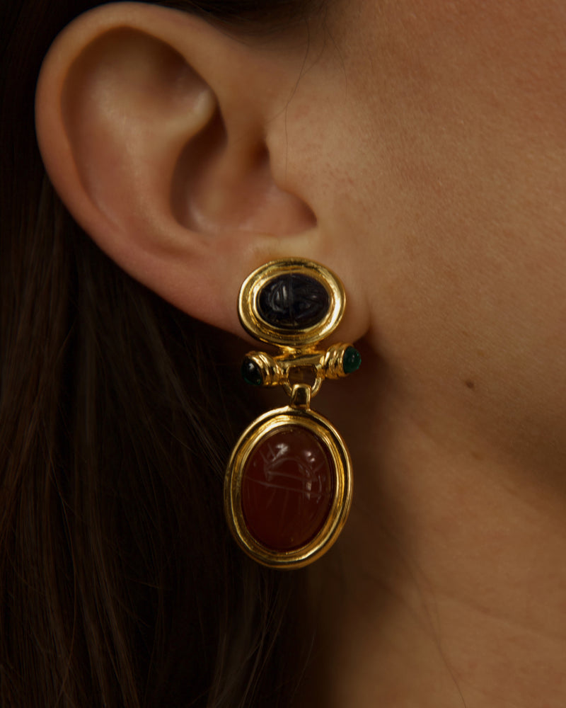 Vintage Stone Scarab Drop Earrings