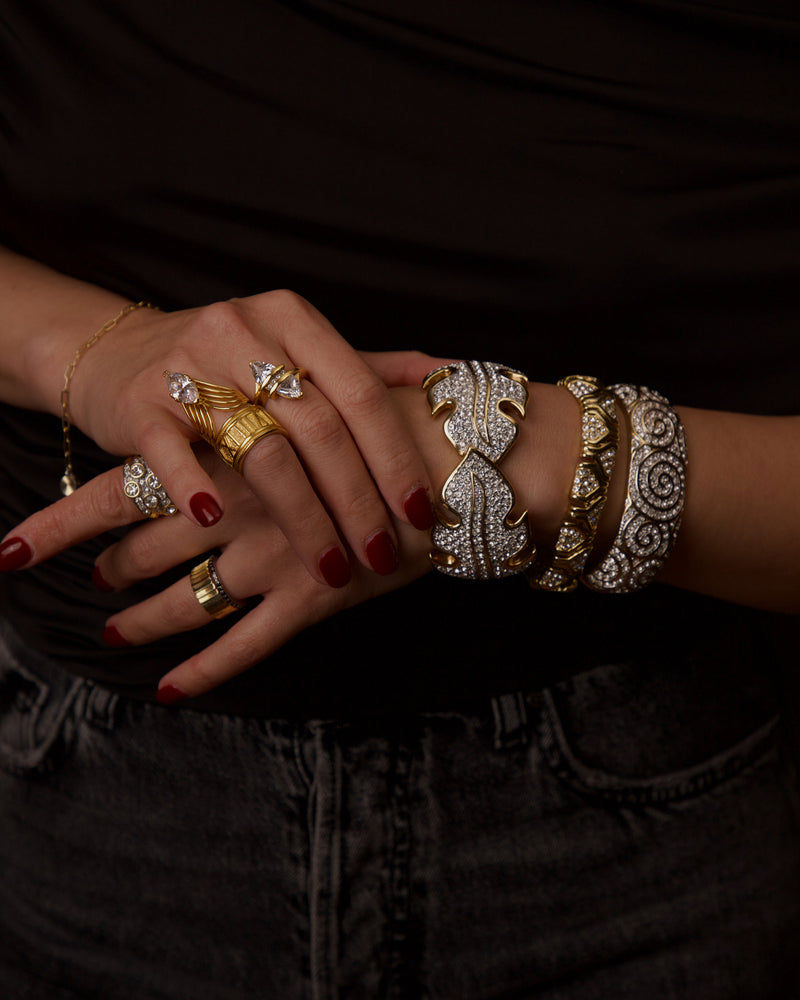 VINTAGE SWAN PAVÉ LEAVES HINGED CUFF BRACELET