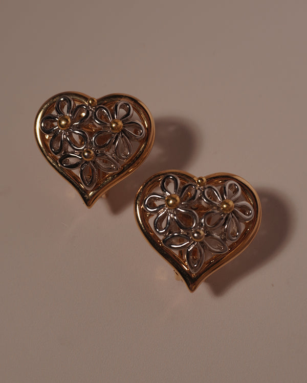 Vintage Two Tone Floral Heart Clip Ons