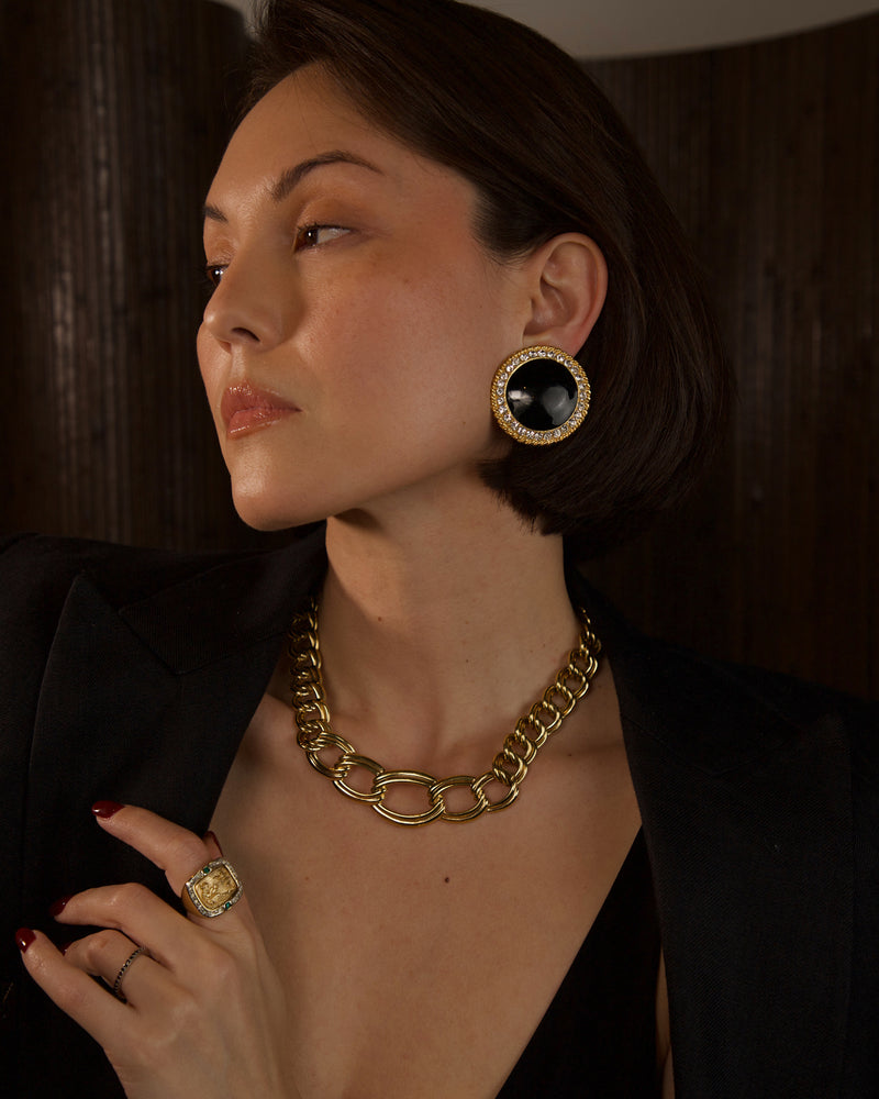 Vintage XL Black Enamel Button Earrings