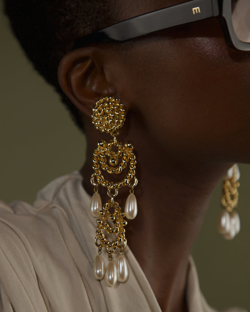 VINTAGE XL ROPE KNOT & PEARL DROP EARRINGS