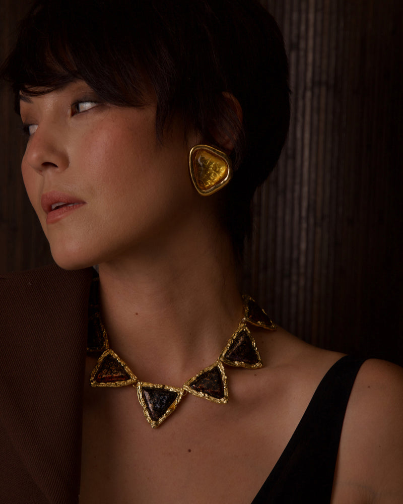 VINTAGE YSL TOPAZ GUILLOCHE CLIP ON EARRINGS