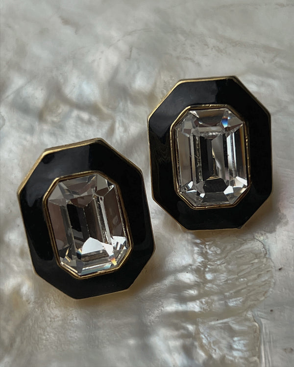Vintage Black Enamel Rhinestone Earrings