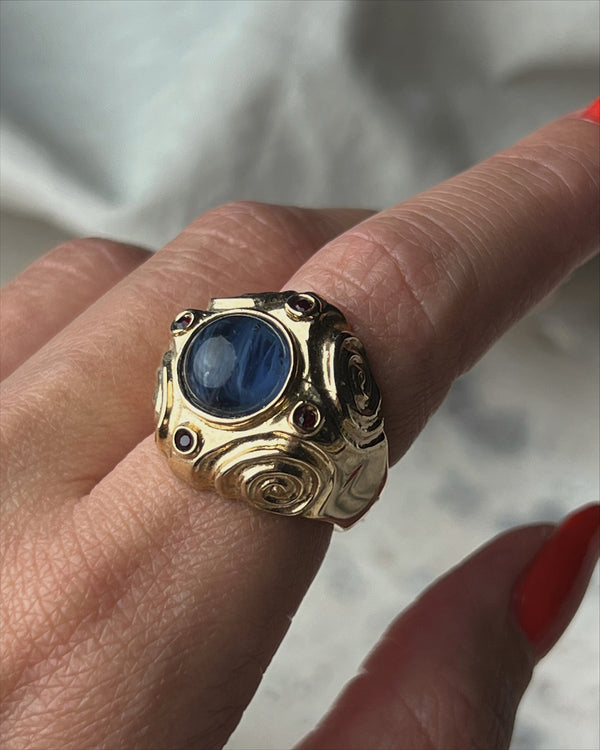 Vintage Blue Glass Cabochon Ring Sz 8