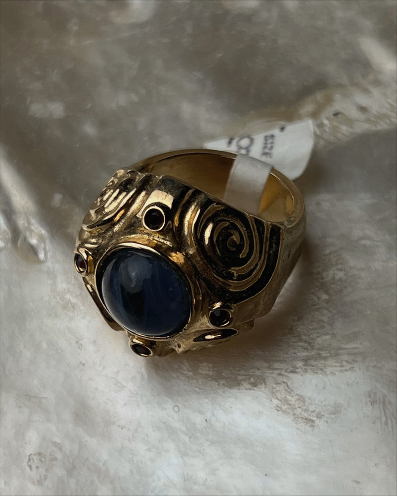 Vintage Blue Glass Cabochon Ring Sz 8