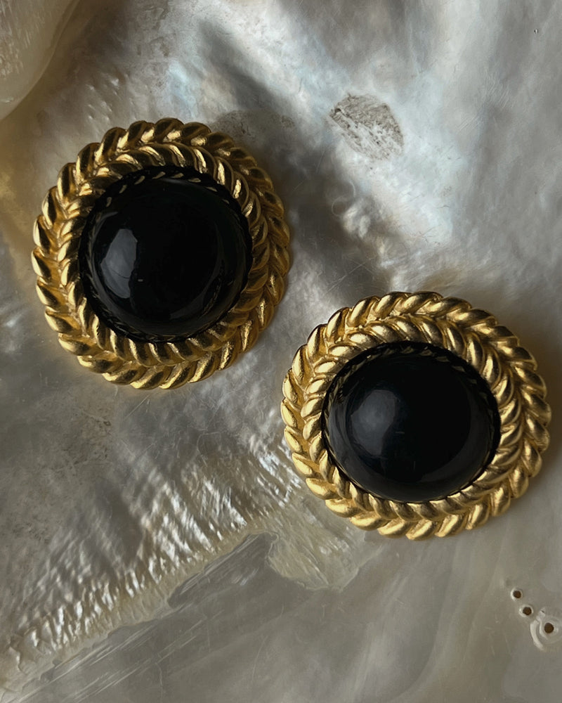 Vintage Braided Black Cabochon Earrings