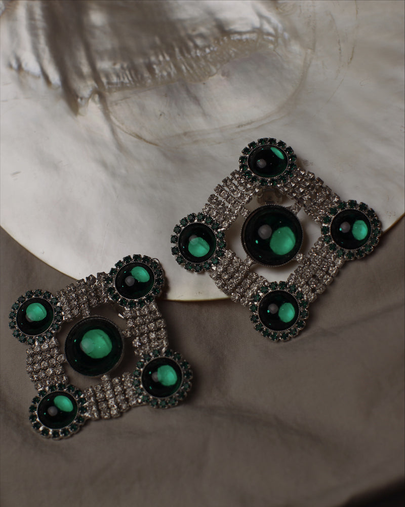 Vintage Emerald Cabochon Rhinestone Clip Ons