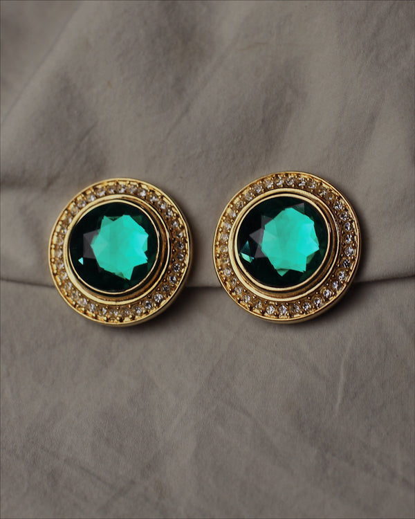 Vintage Emerald Rhinestone Button Clip Ons