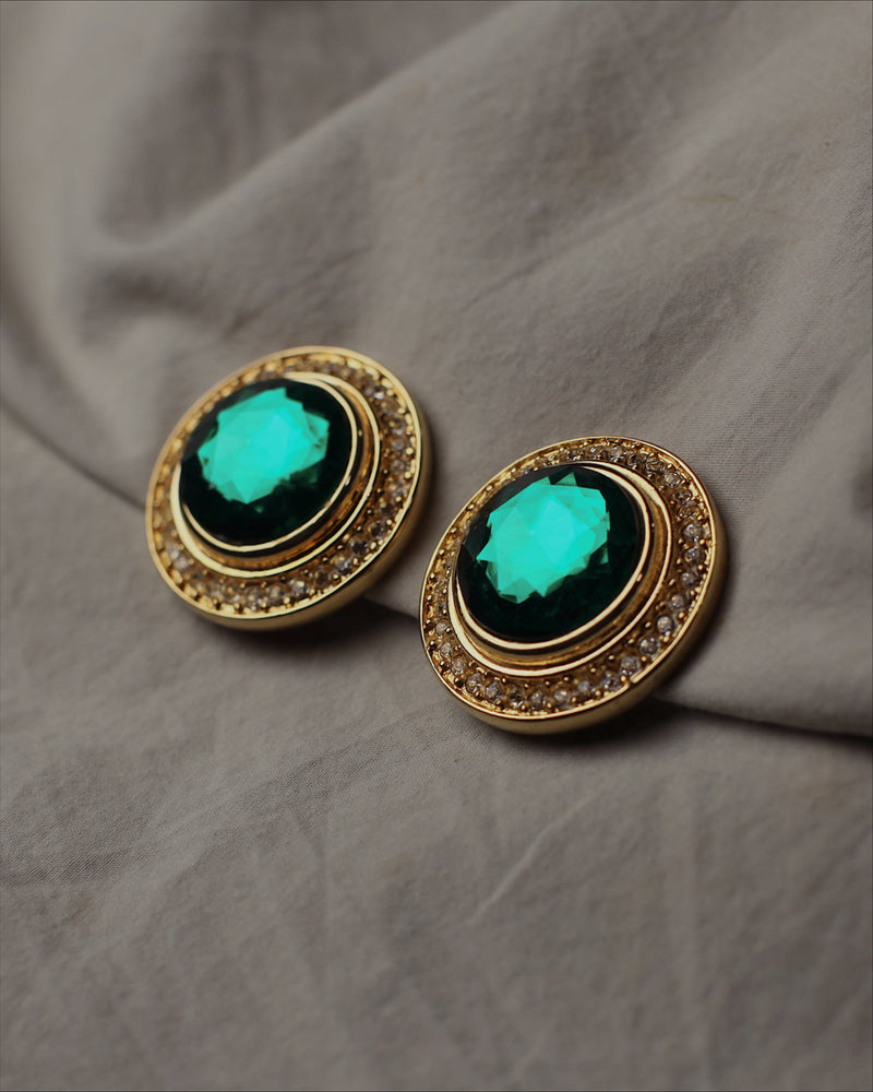 Vintage Emerald Rhinestone Button Clip Ons