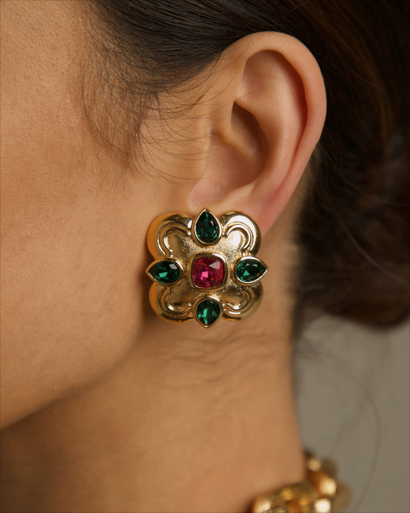 Vintage Emerald & Magenta Statement Earrings