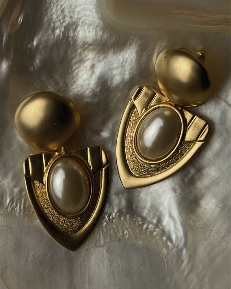 Vintage Faux Pearl Shield Earrings