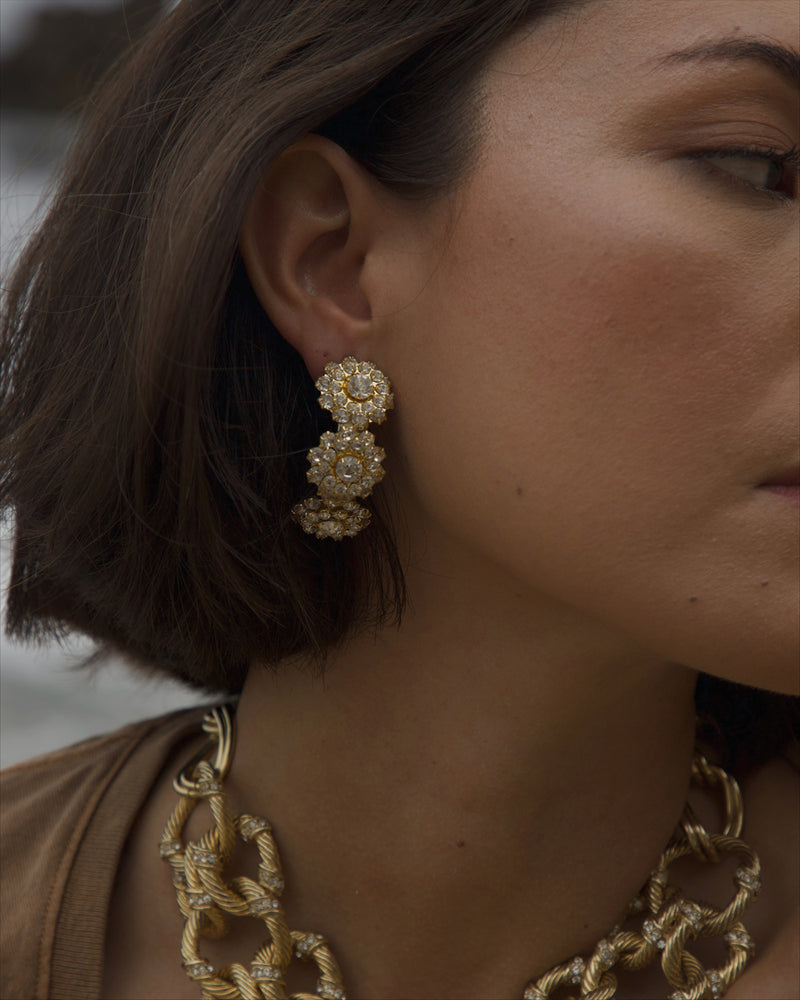 Vintage Floral Rhinestone Crescent Earrings