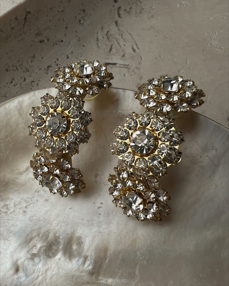 Vintage Floral Rhinestone Crescent Earrings