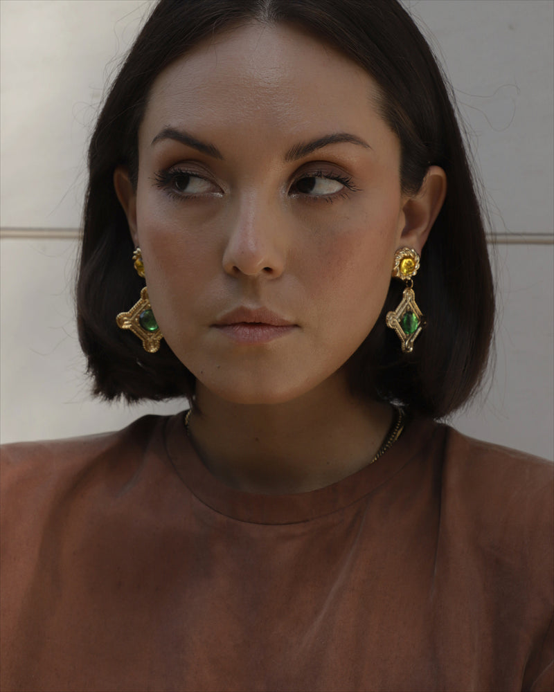 Vintage Green & Yellow Cabochon Statement Earrings