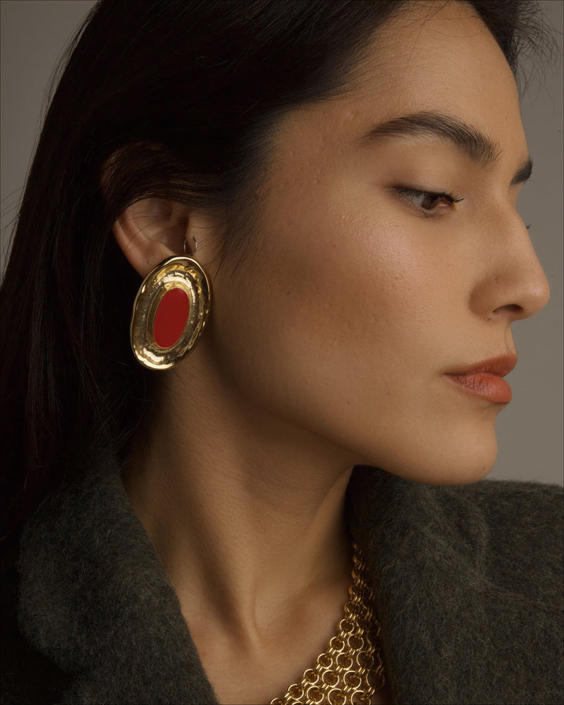 Vintage Oval Red Enamel Earrings