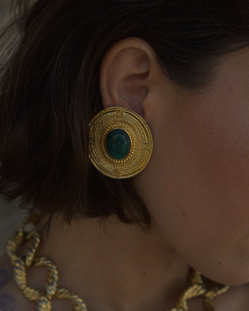 Vintage Ornate Green Cabochon Earrings