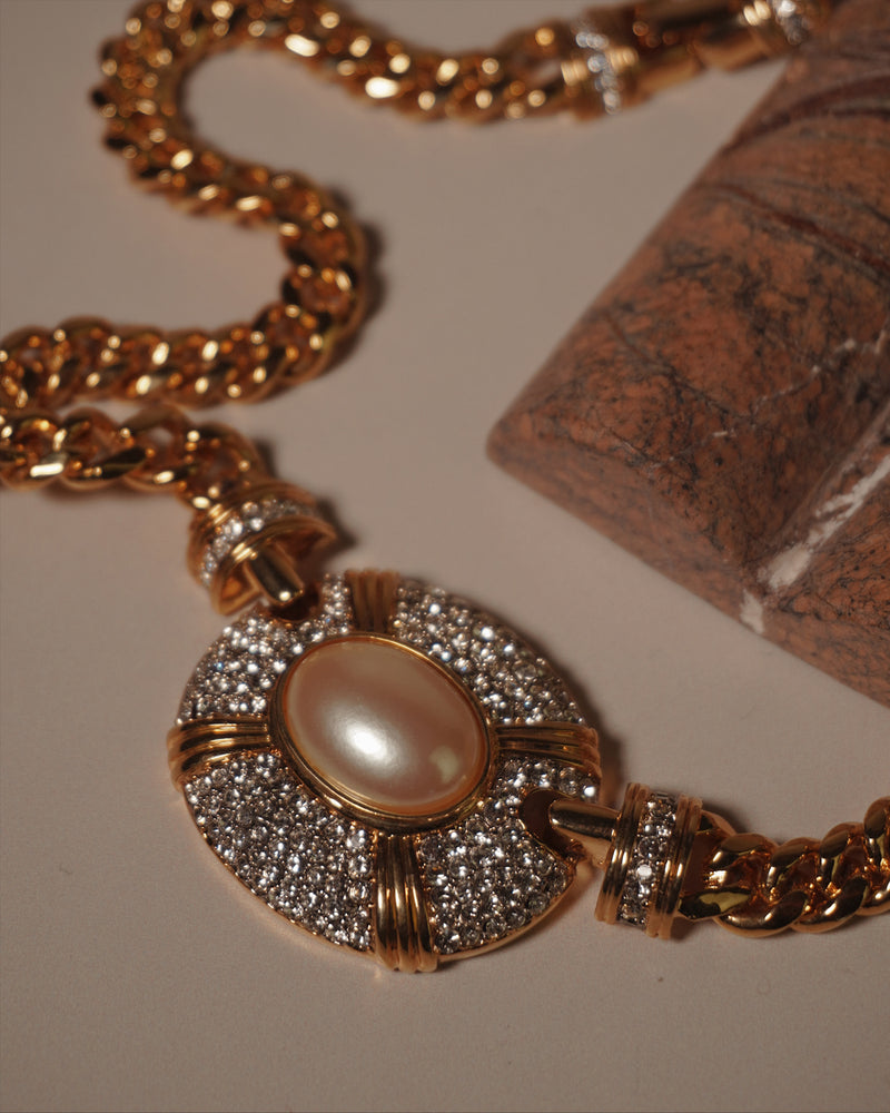 Vintage Pave Pearl Cabochon Necklace