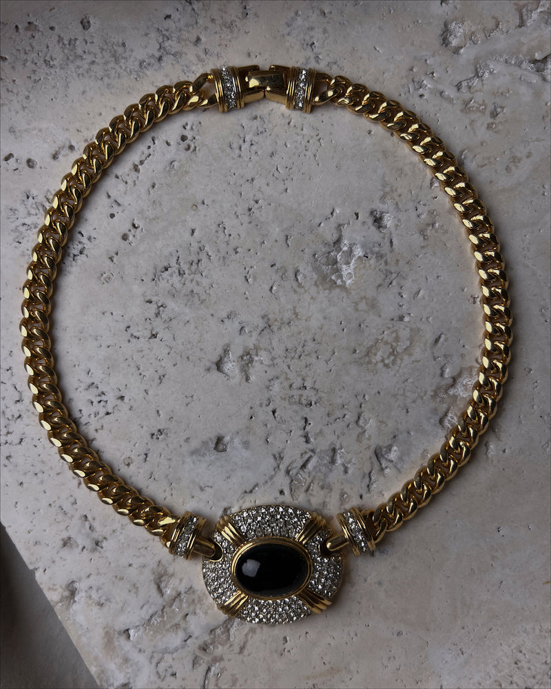 Vintage Pave Black Cabochon Necklace