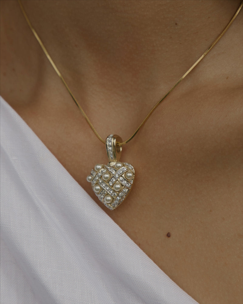 Vintage Pave Pearl Heart Pendant Necklace