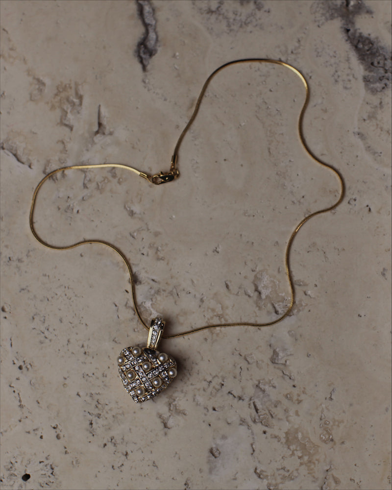 Vintage Pave Pearl Heart Pendant Necklace