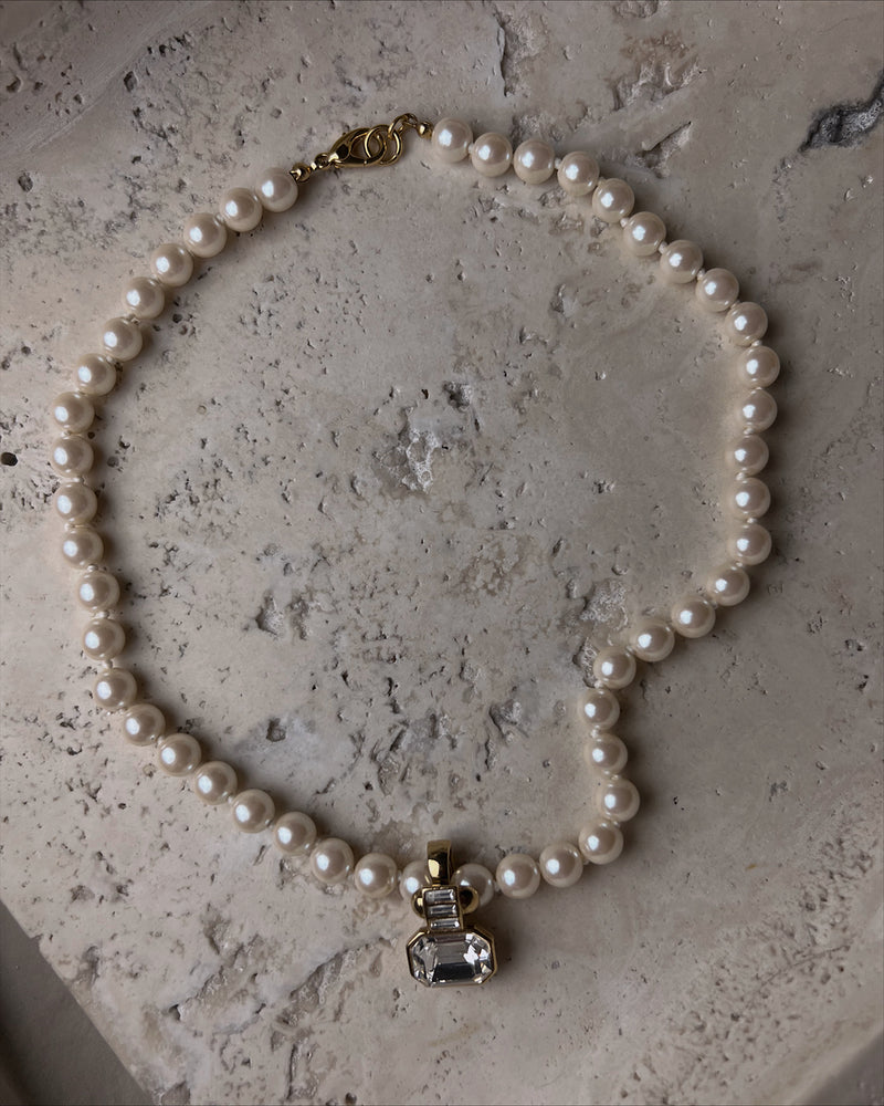 Vintage Pearl & Rhinestone Baguette Necklace