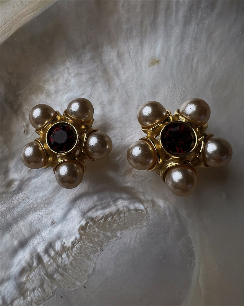 Vintage Pearl & Ruby Button Clip Ons