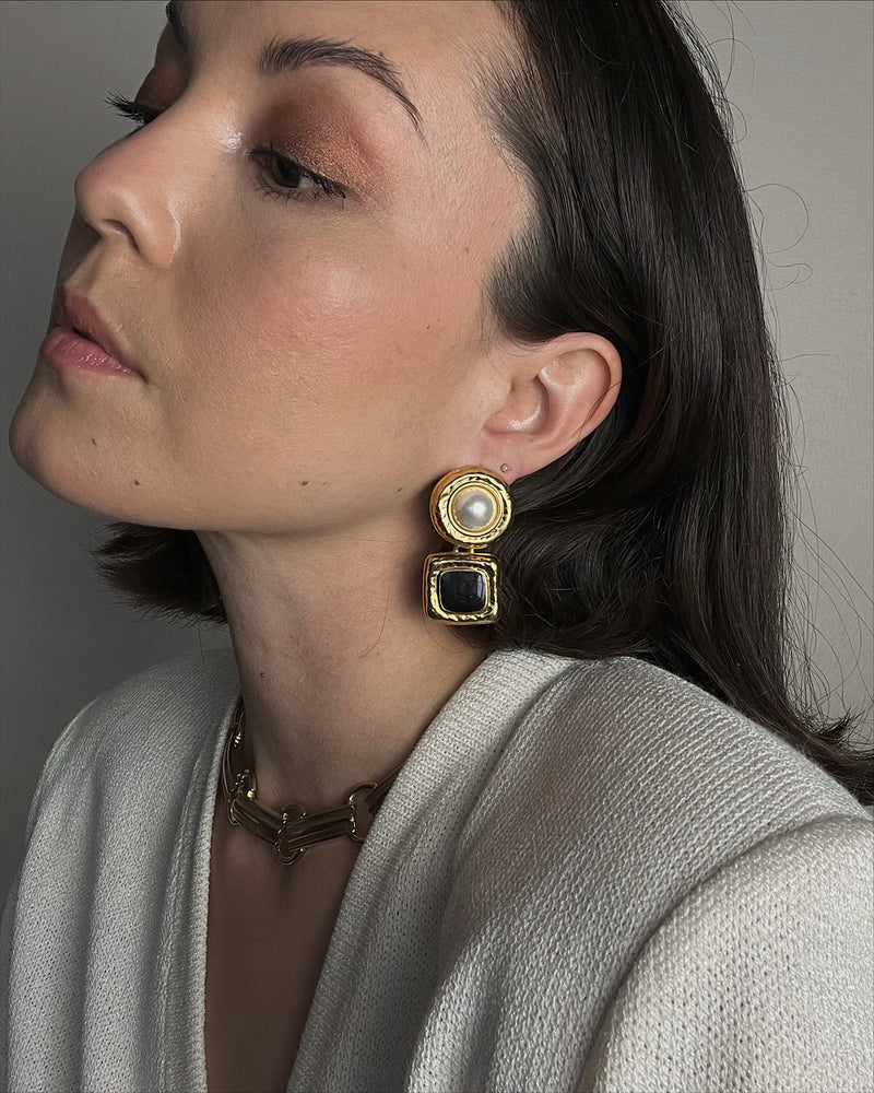 Vintage Pearl and Black Enamel Earrings