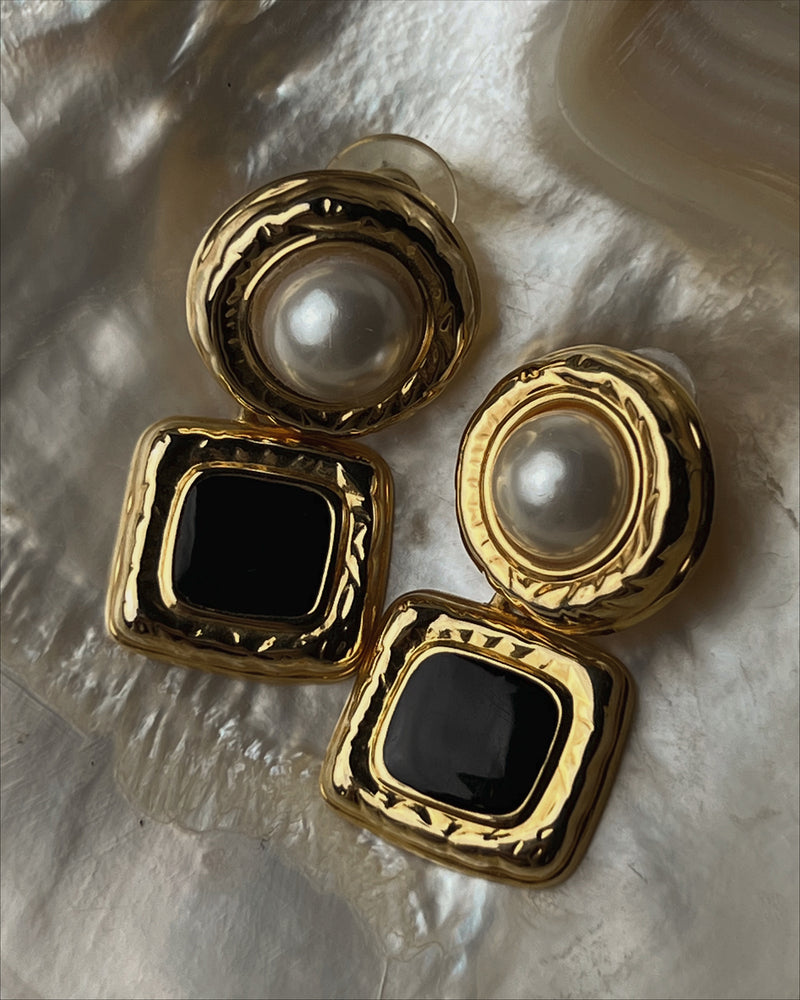 Vintage Pearl and Black Enamel Earrings
