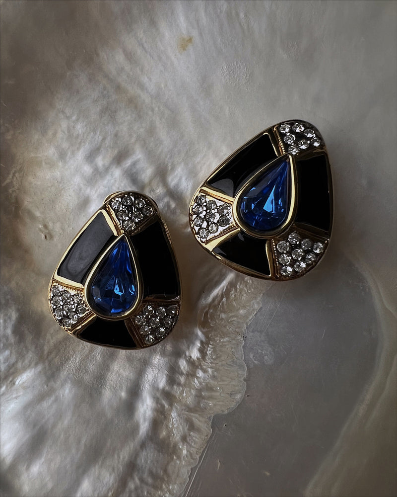 Vintage Sapphire Black Enamel Clip Ons
