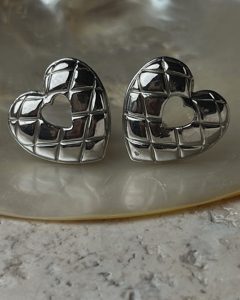 Vintage Silver Quilted Heart Earrings