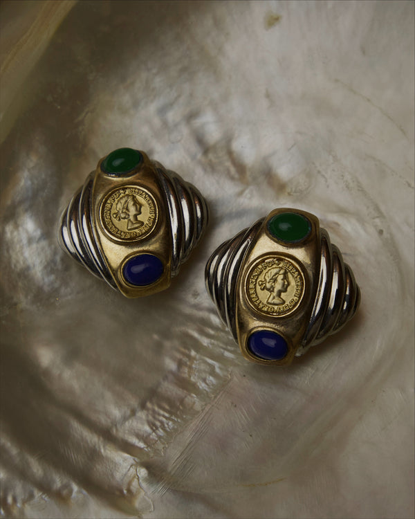 Vintage Two Tone Cabochon Clip Ons